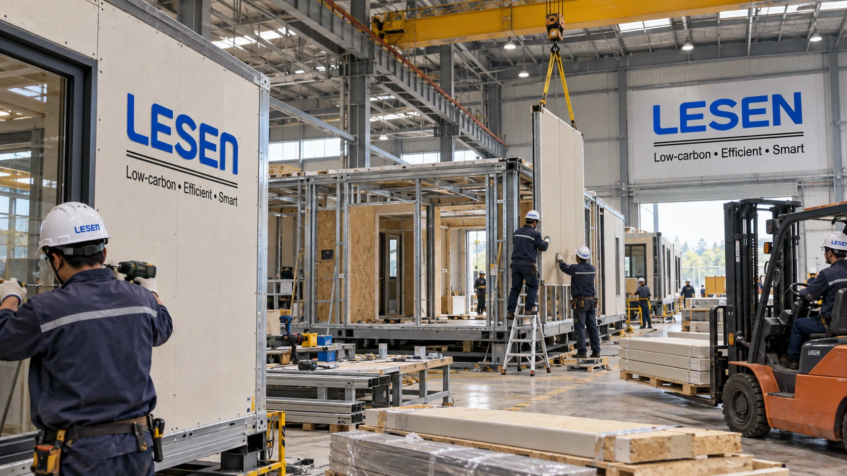 LESEN factory team assembling wall panels on steel modular building frames