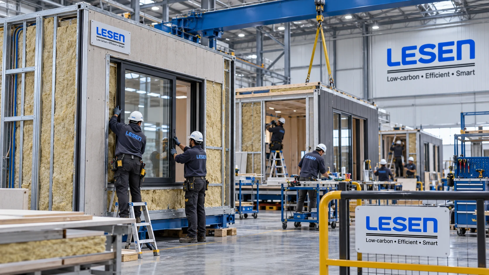 Workers installing windows in insulated modular building walls